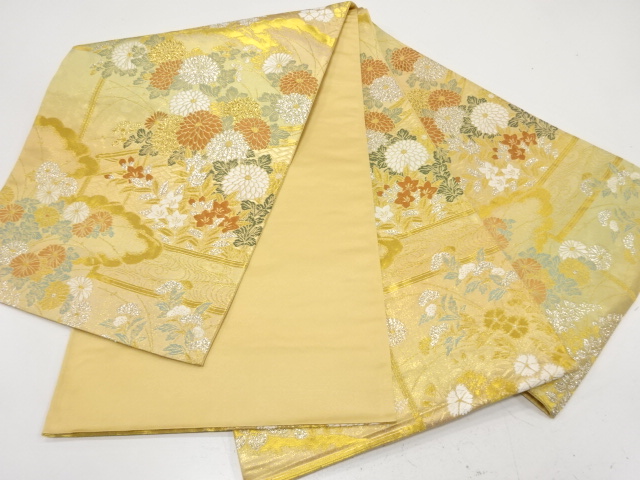  雲に菊・秋草模様織り出し　袋帯